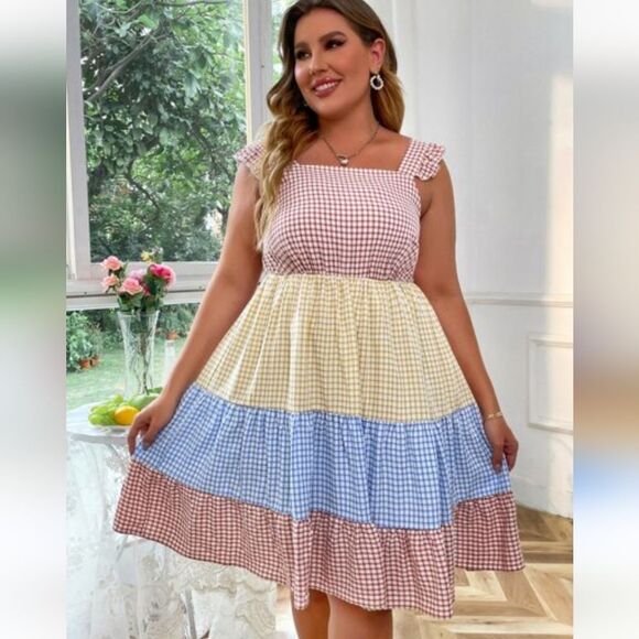 Boutique 9 Dresses & Skirts - Boutique Gingham Blue Yellow Brown Plaid Ruffle Tiered Mini Dress XL
